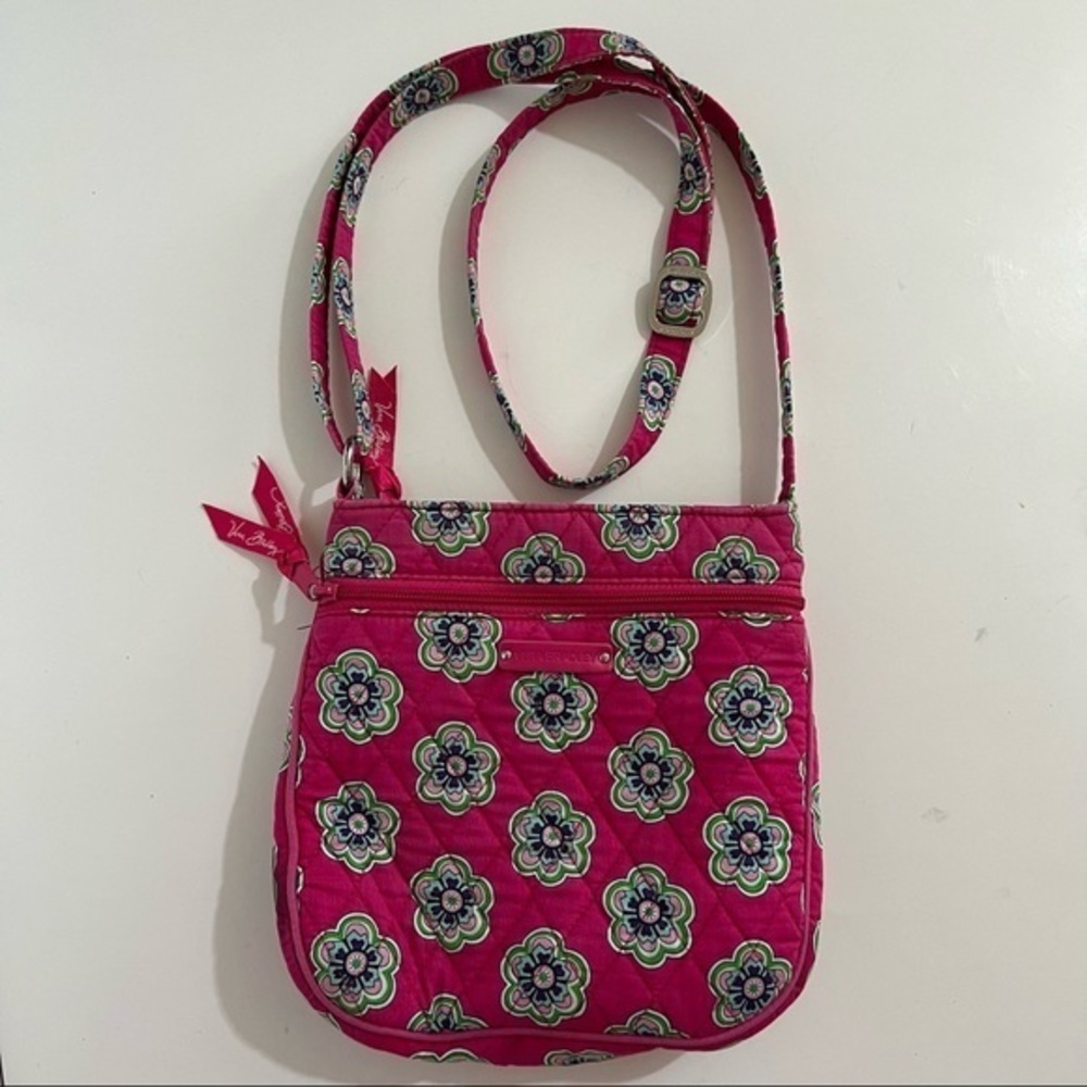 Vera Bradley Raspberry Pink Swirls Flowers Double Zip Hip Crossbody Bag Purse